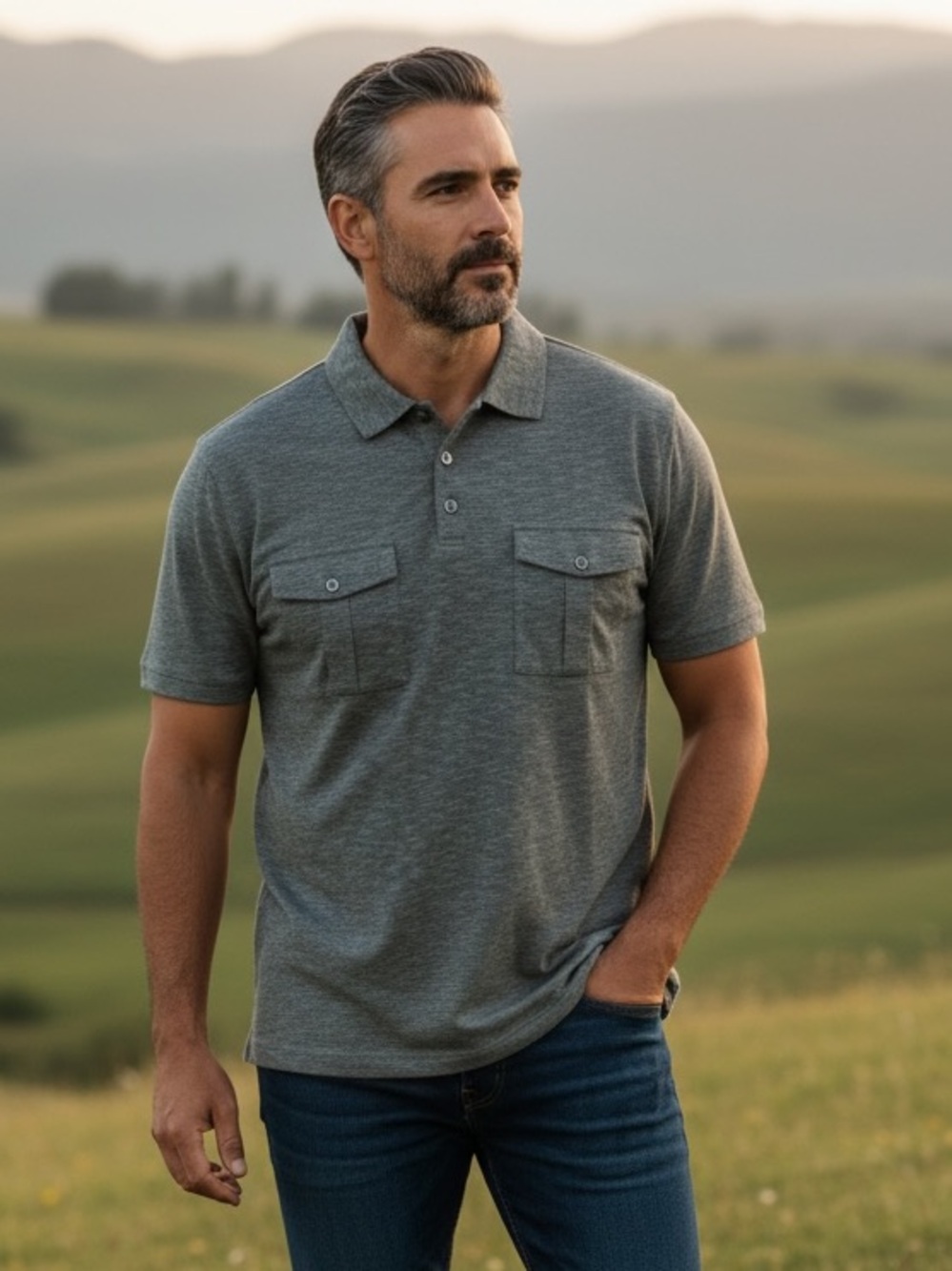Men's Dark Heather Gray Polo with Chest Pockets